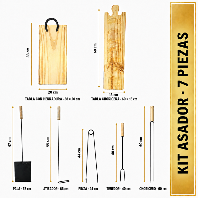 Kit Asador Argentino de 7 Piezas con 2 Tablas de Madera y Accesorios para Parrilla