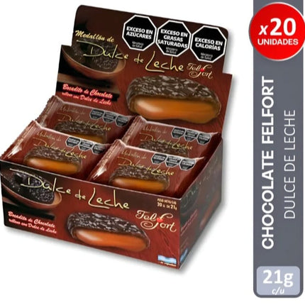 Medallon chocolate relleno dulce de leche Felfort, caja 20 unidades, 21g por unidad